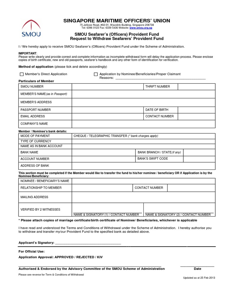 SMOU Provident Fund Withdrawal Request | PDF | Birth Certificate | Cheque