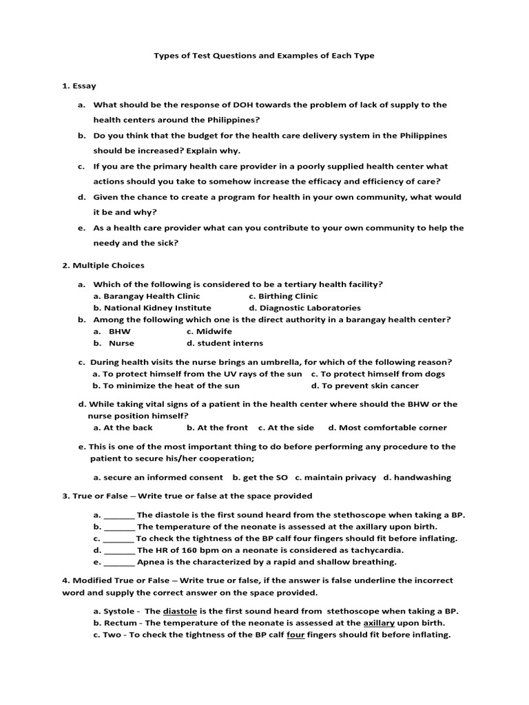 Types of Test Questions and Examples of Each Type | PDF | Nursing ...