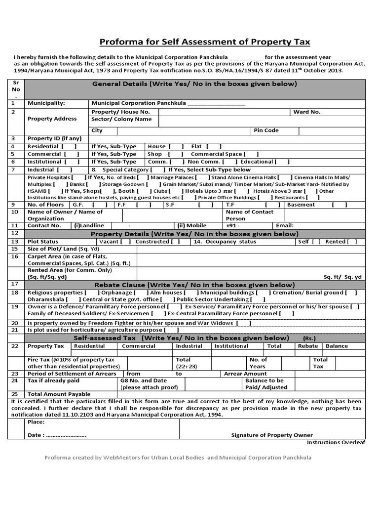 Panchkula Property Tax Self-Assessment Form | PDF | Property Tax | Taxes