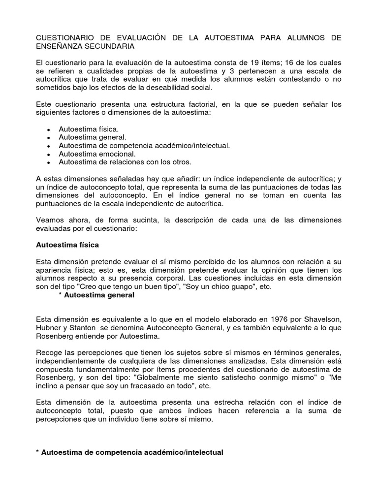 Cuestionario de Autoestima para Secundaria | PDF | Cuestionario ...