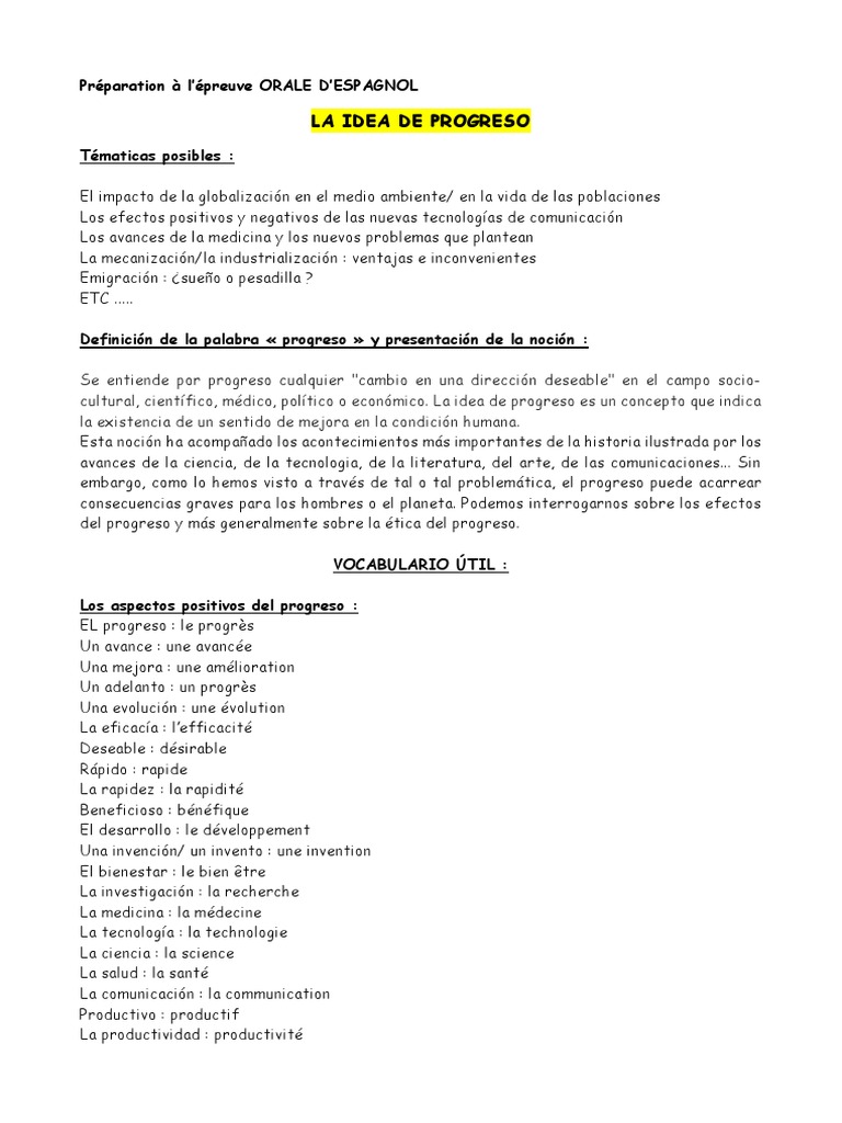 Exemple Thème Oral Espagnol Bac Pro