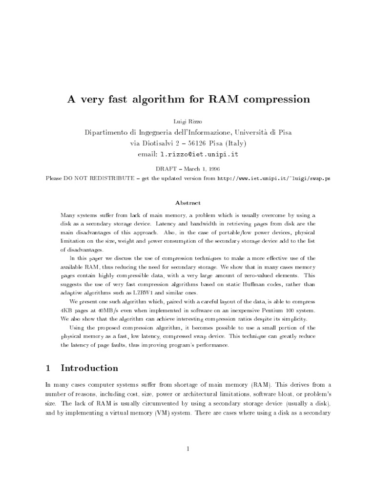 A Very Fast Algorithm For RAM Compression | PDF | Computer Data Storage ...