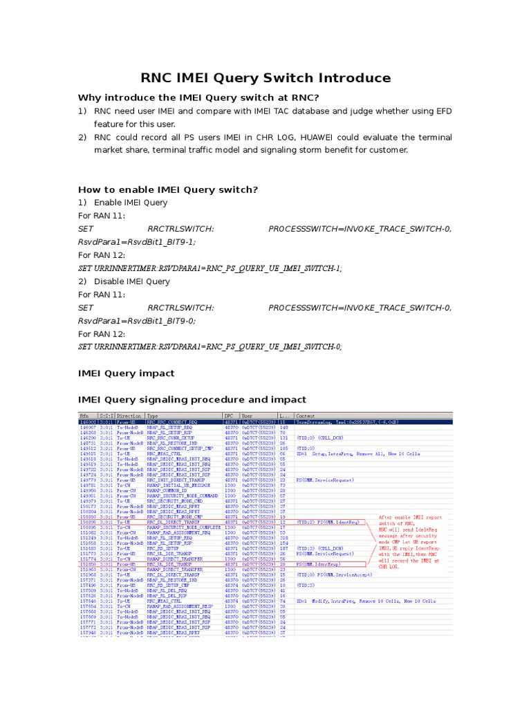 Annex 1-RNC IMEI Query Switch Introduction | PDF