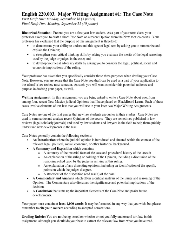 Law Student Case Note Assignment | PDF | Opinion | Critical Thinking