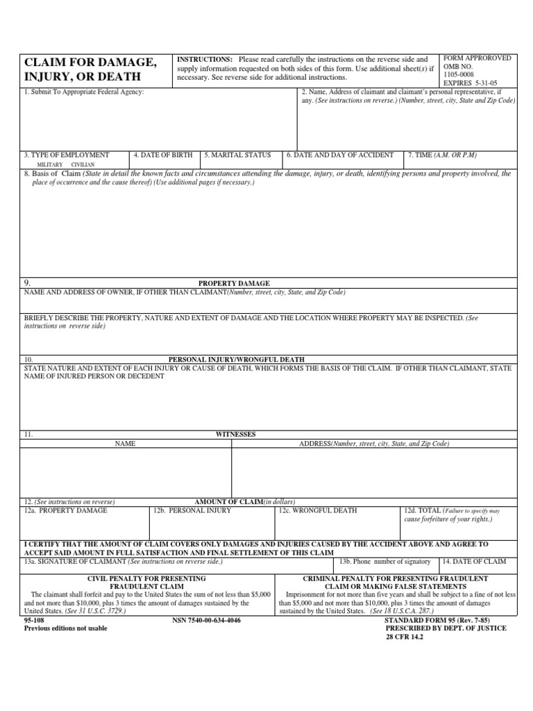 Standard Form 95 Instructions | PDF | Tort | Deductible