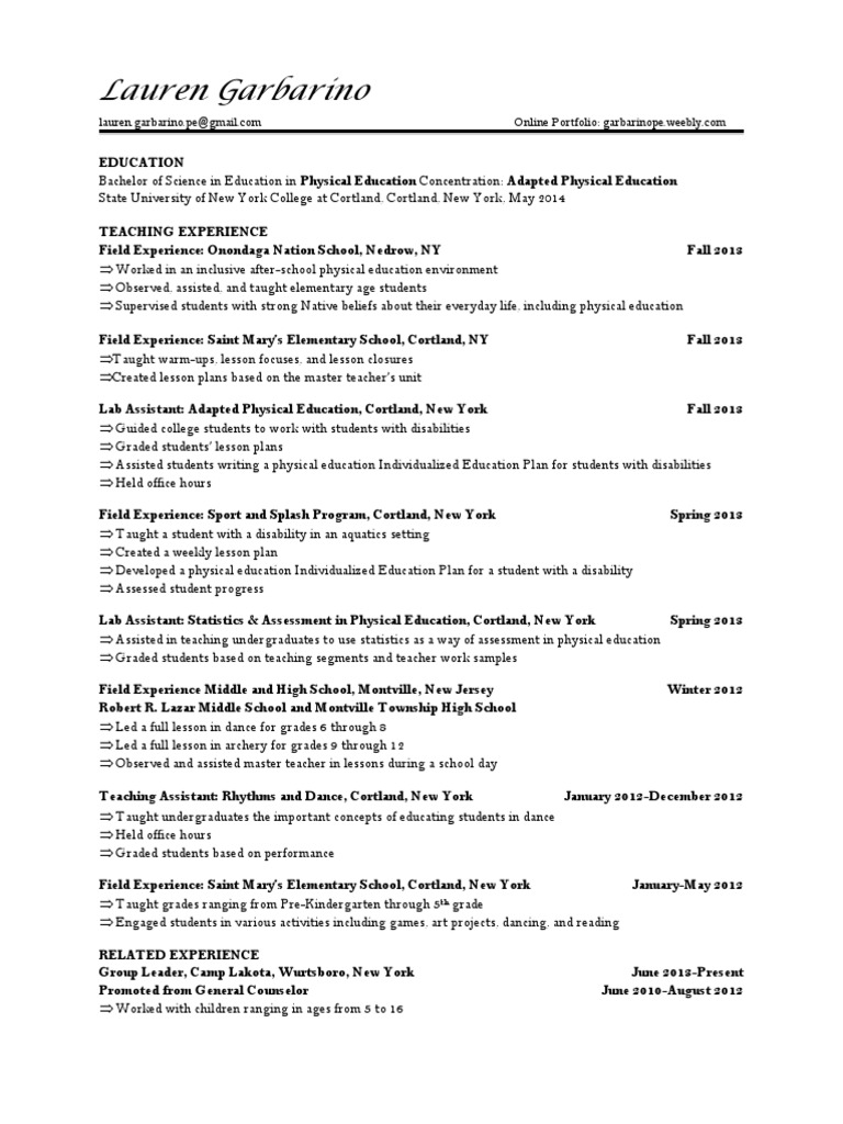 final resume online portfolio Physical Education Teachers