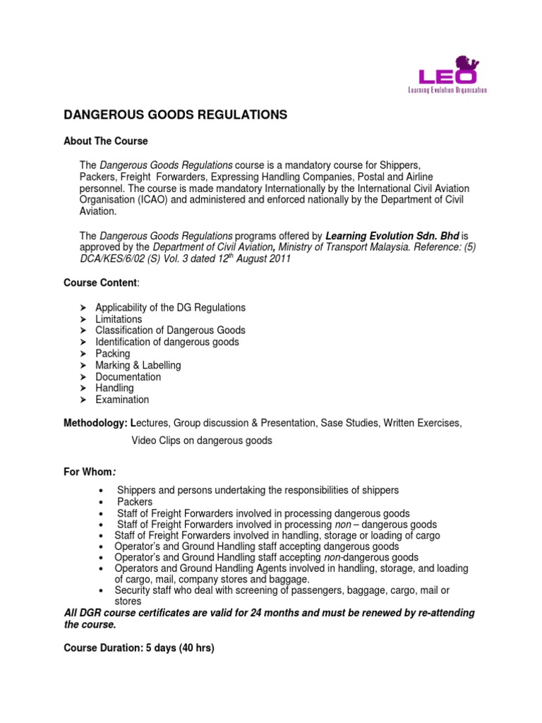 Dangerous Goods Regulations Course Overview | PDF | Dangerous Goods | Cargo