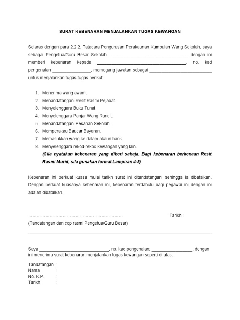 Surat Kebenaran Menjalankan Tugas Kewangan Pdf