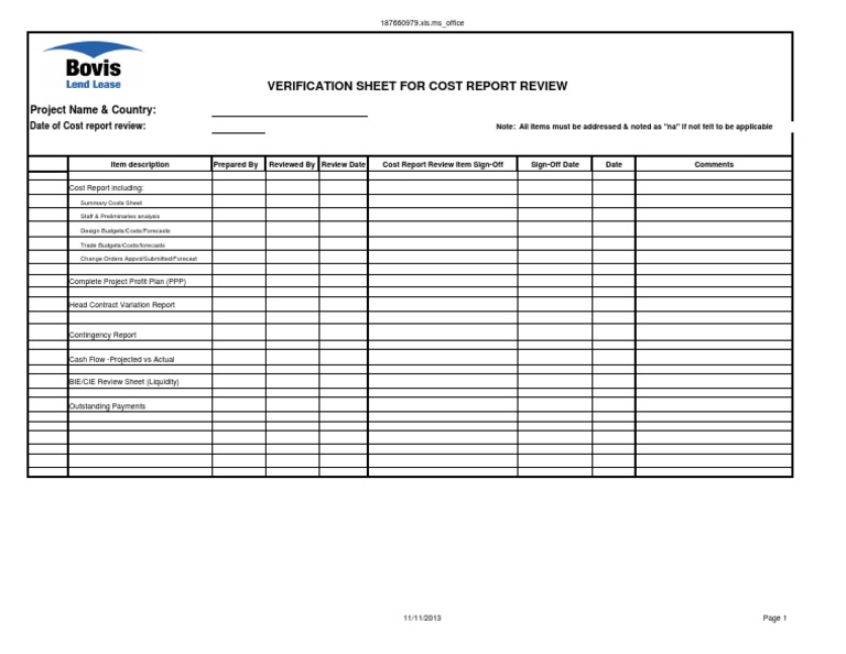 Cost Verification Sheet Overview | PDF