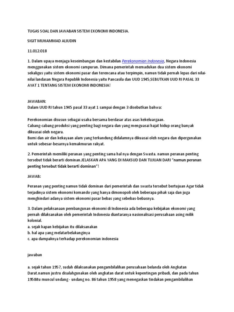 Tugas Soal Dan Jawaban Sistem Ekonomi Indonesia Sigit Muhammad Aliudin Docx