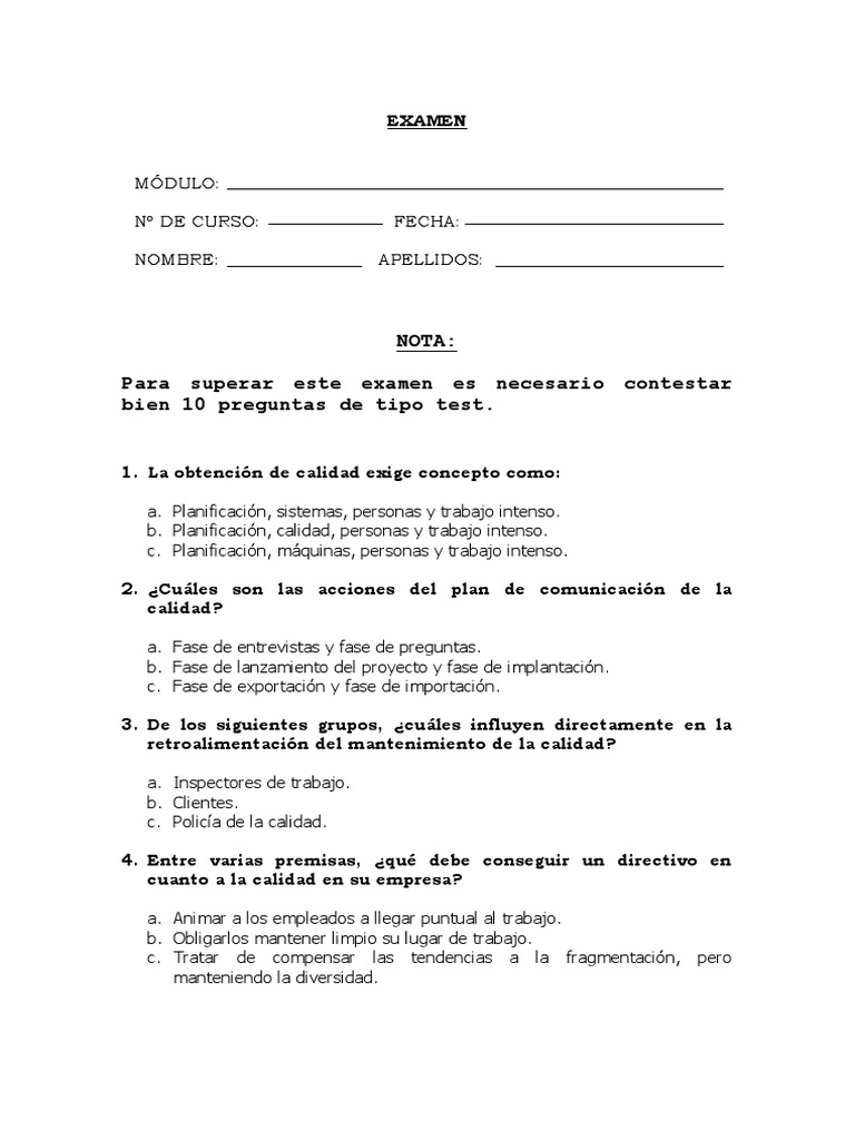 ExamenTest Atención Al Cliente y Calidad