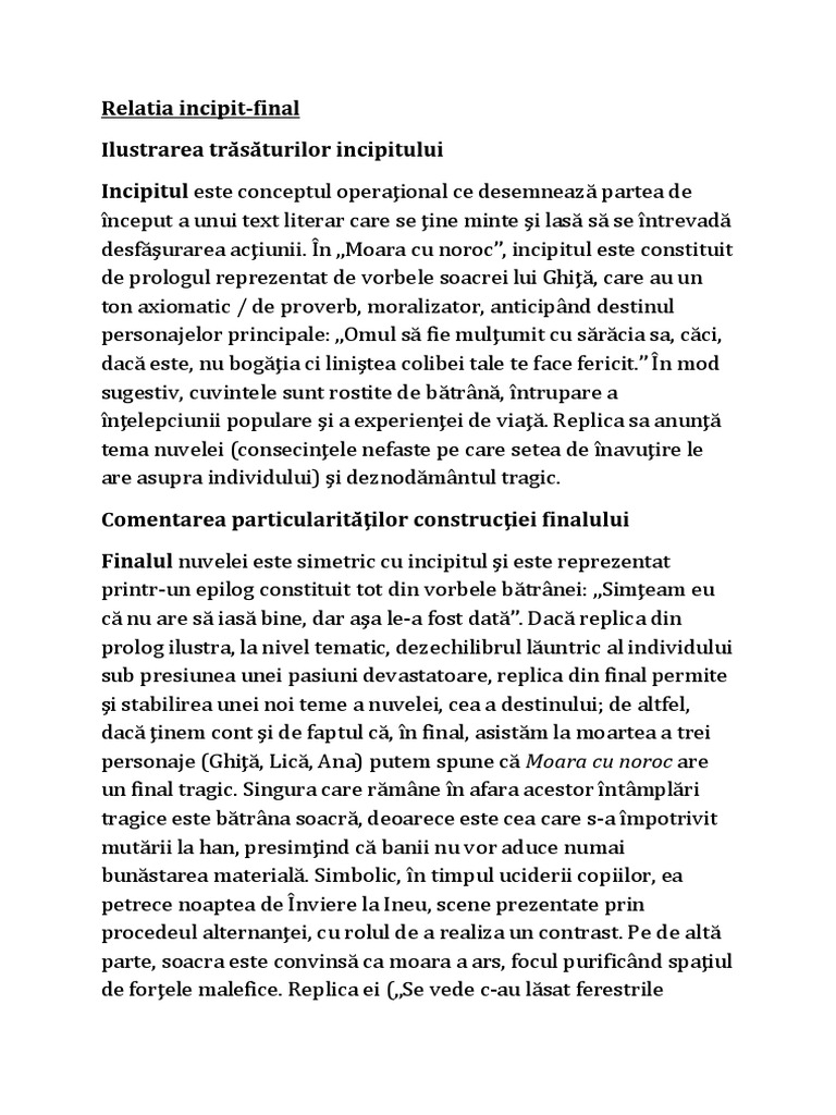 Relatia Incipit Final Moara Cu Noroc