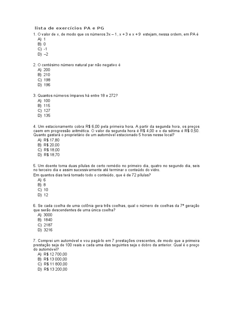Lista de Exercícios PA e PG | PDF | Sistema internacional de unidades ...