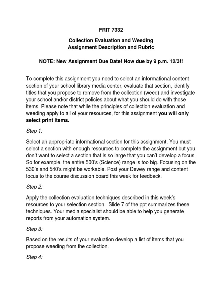 Collection Evaluation and Weeding Assignment Description and Rubric PDF ...