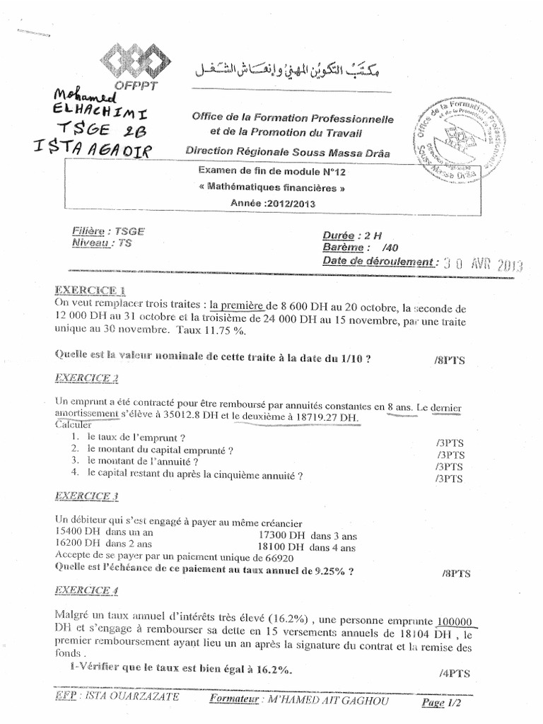 Mathématiques Financières Cours Et Exercices Corrigés Pdf EFM Régional Des Maths Financier | PDF