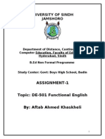 University of Sindh Jamshoro: Assignment-1 Topic: DE-501 Functional English By: Aftab Ahmed Khaskheli