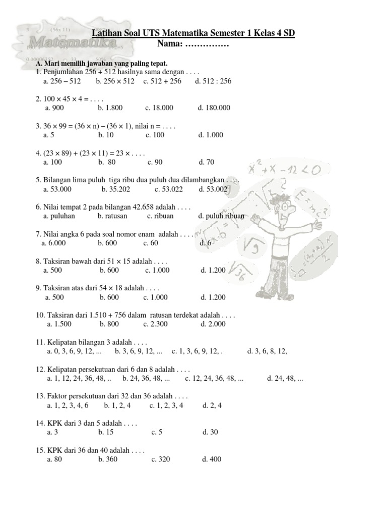 Latihan Soal Uts Matematika Semester 1 Kelas 4 Sd Afnajib Co Cc Pdf