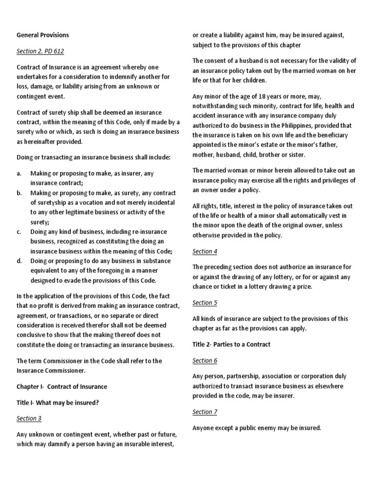 General Provisions on Insurance Contracts and Parties to Insurance ...