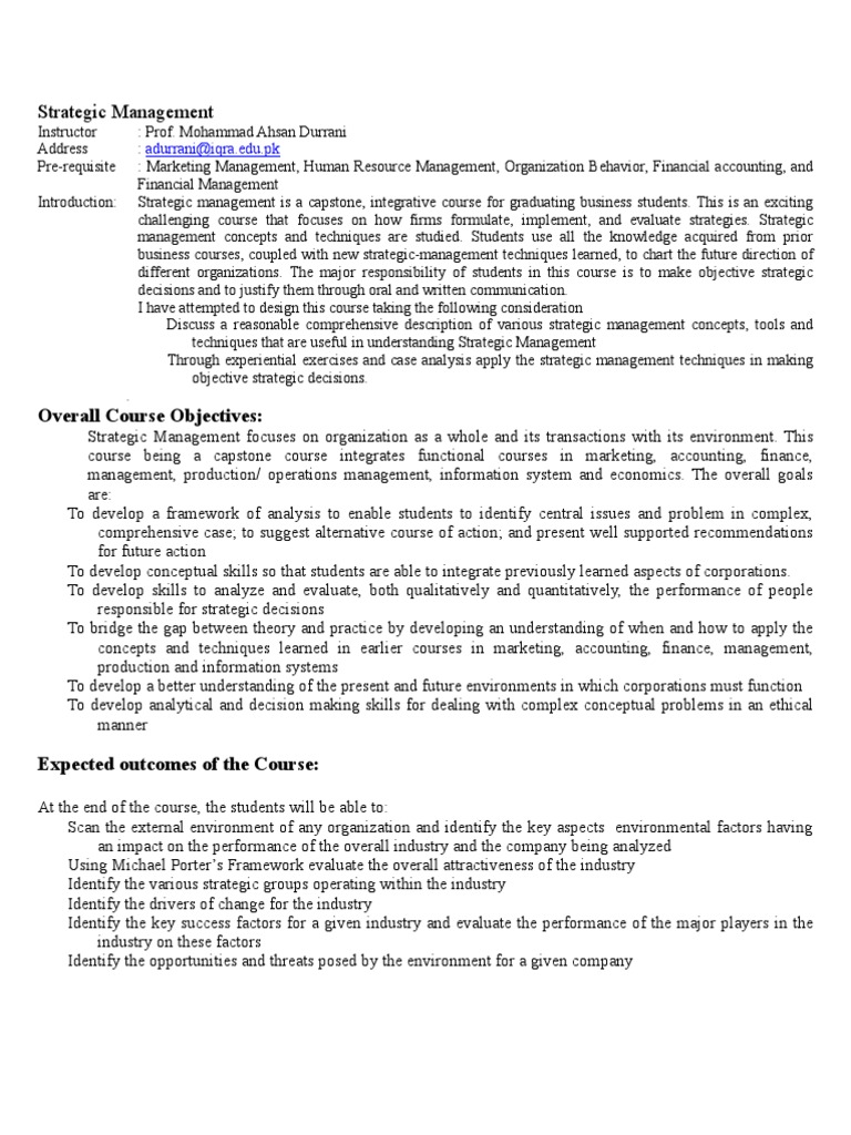 Strategic Management Course Outline | PDF | Strategic Management | Learning