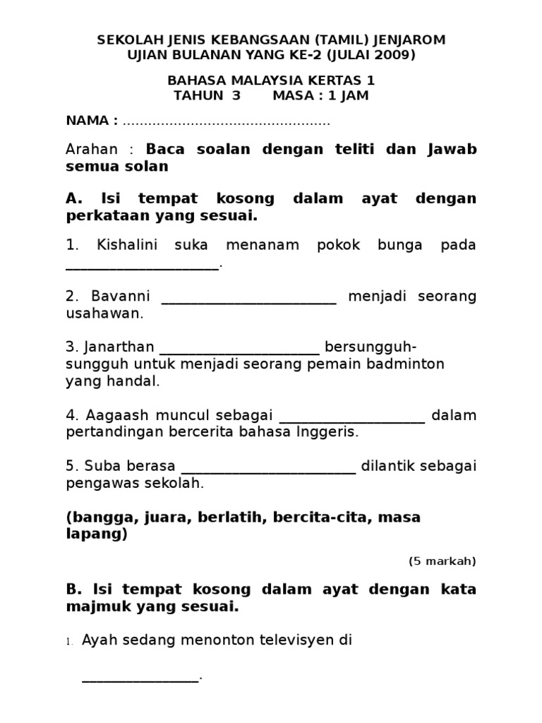 Ujian Bulanan BM Tahun 3 Kertas 1