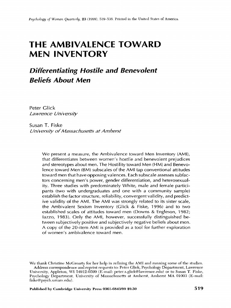 The Ambivalence Toward Men Inventory (Glick & Fiske - 1999) | PDF ...