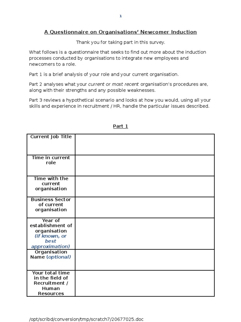 New Employee Induction Questionnaire | PDF