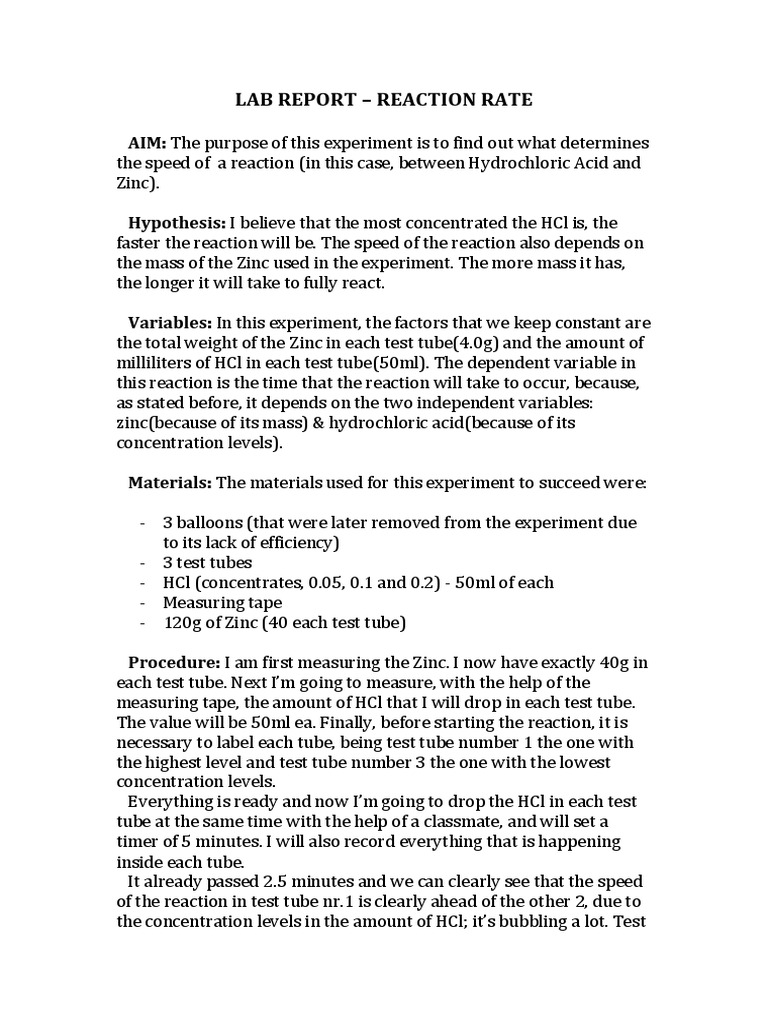 lab report reaction rate Hydrochloric Acid Experiment
