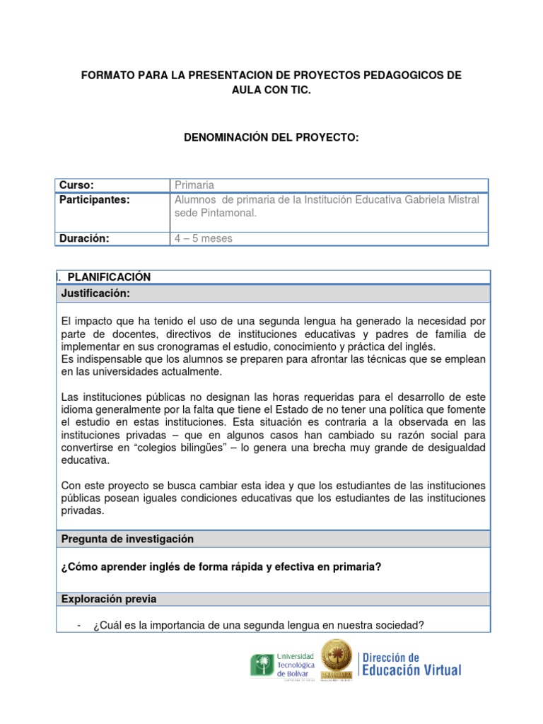Formato para La Presentacion de Proyectos Pedagogicos de Aula Con Tic ...
