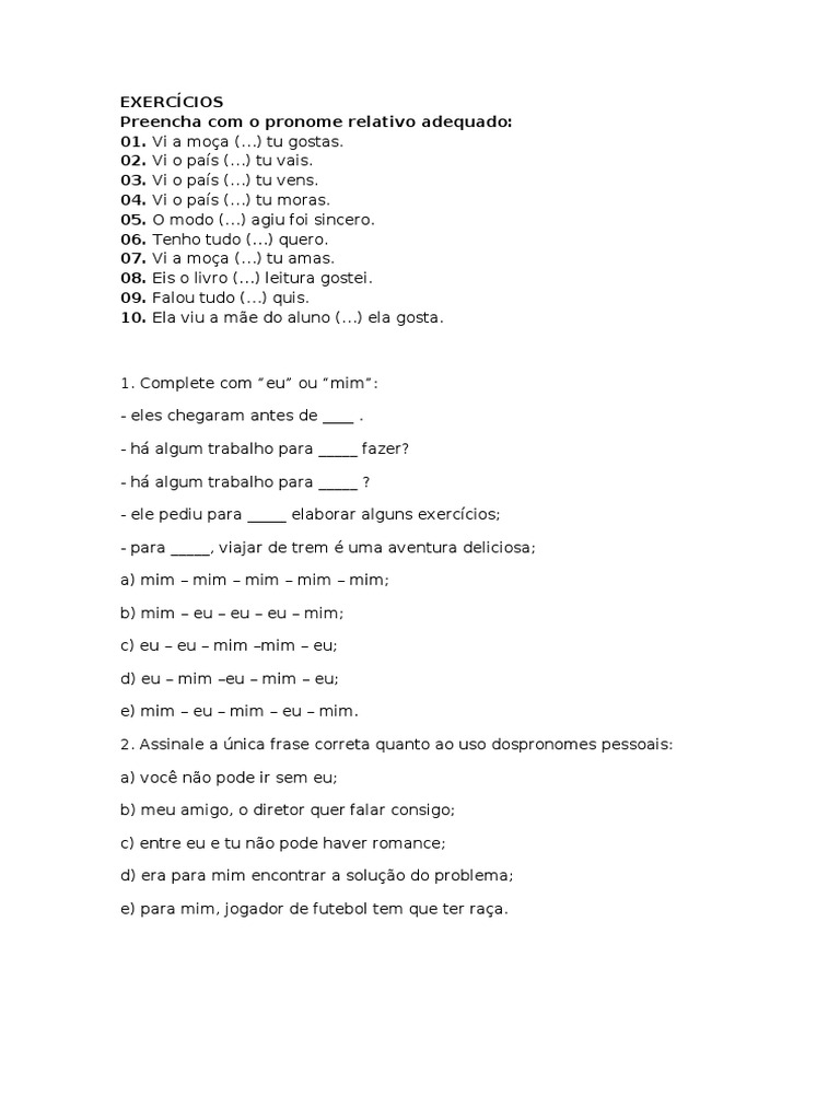 EXERCÍCIOS de pronome relativo