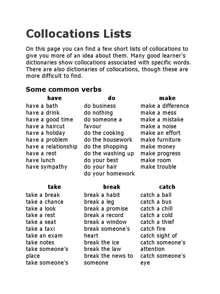 Collocations Lists: Some Common Verbs | PDF | Language Arts ...