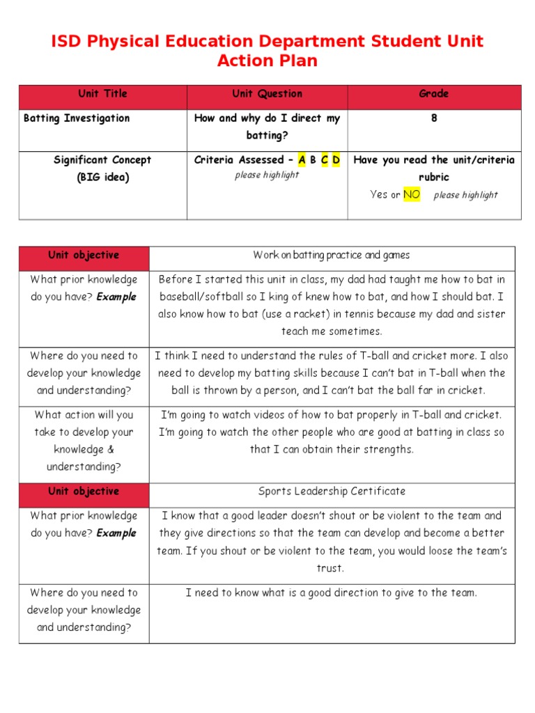 Leadership and Batting Skills Action Plan | PDF | Physical Education ...