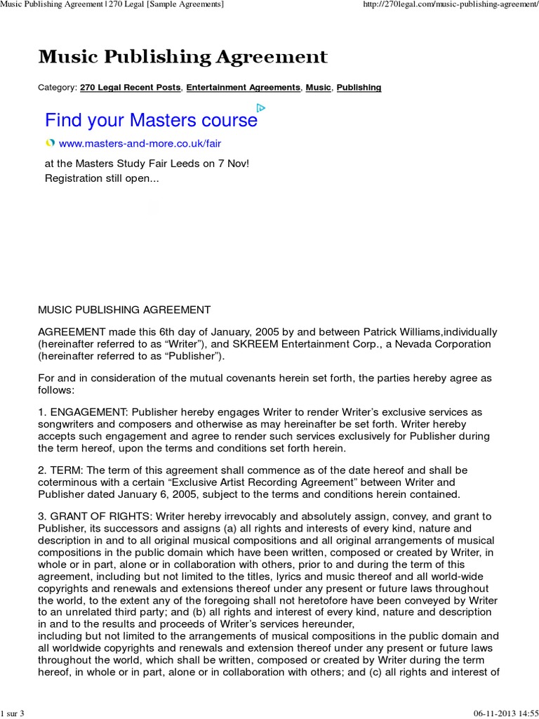 Music Publishing Agreement Sample Agreements Copyright Musical Compositions