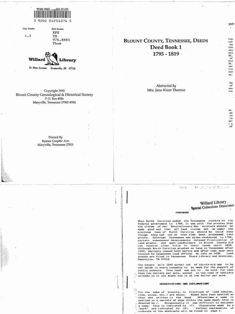 Index to Blount County, Tennessee, Deeds Deed Book 1 17951819
