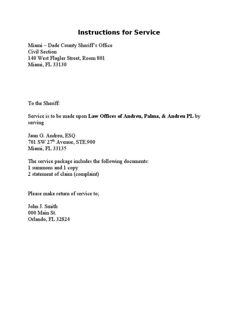 Service Instructions for Legal Documents | PDF