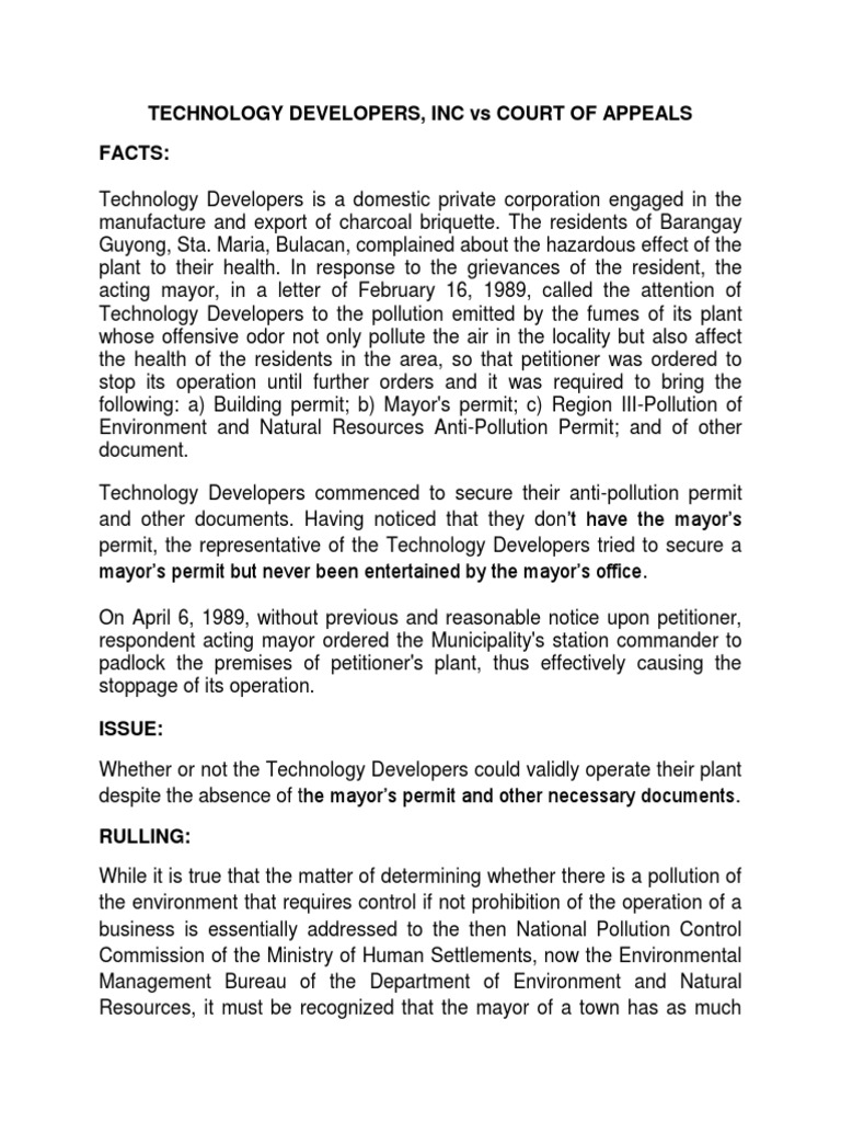 Technology Developers, Inc Vs Court of Appeals Facts | PDF | Pollution ...