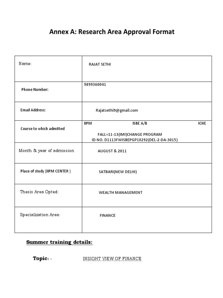 Annex A: Research Area Approval Format: Rajat Sethi | PDF