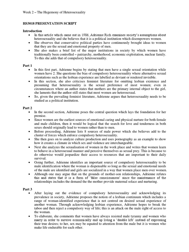 Summary of Compulsory Heterosexuality PDF Heterosexuality Lesbian