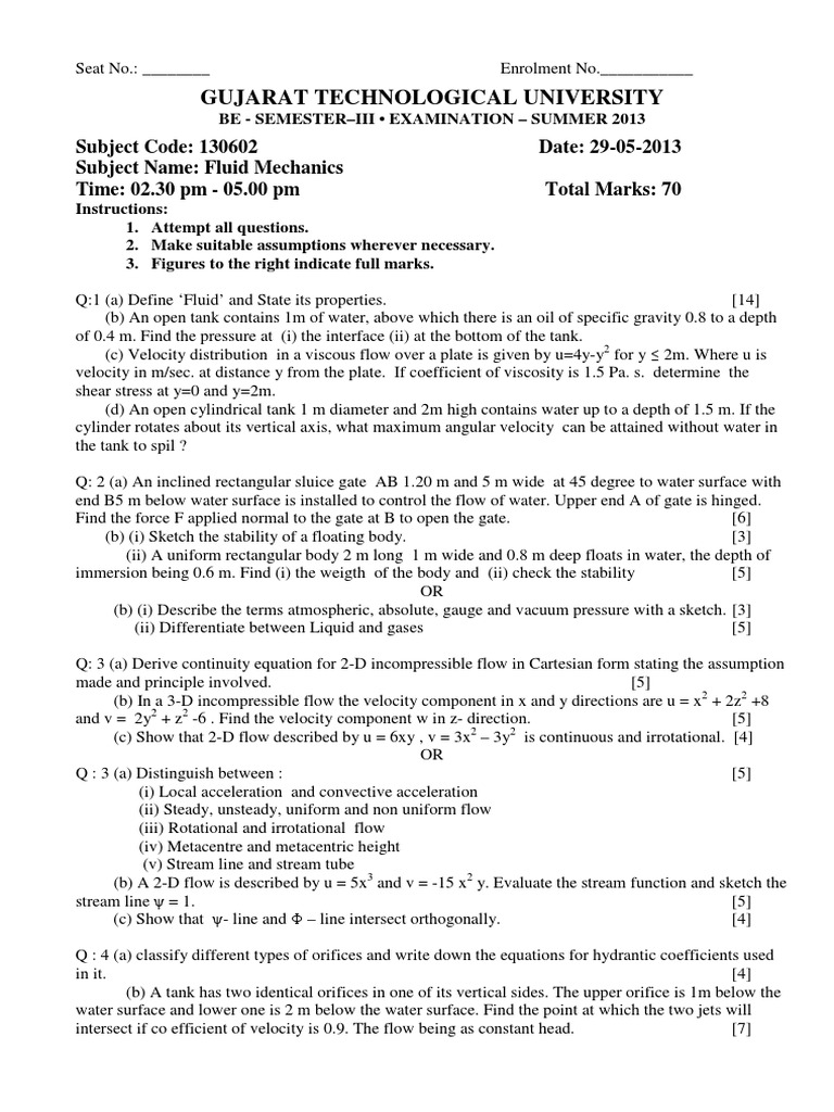 Fluid Mechanics Exam Paper 2013 | PDF | Fluid Mechanics | Pressure