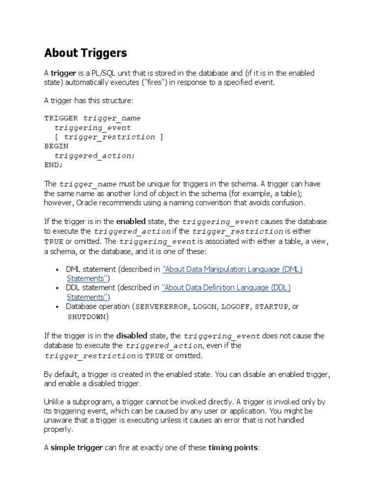 Understanding PL/SQL Triggers in Oracle | PDF | Pl/Sql | Sql