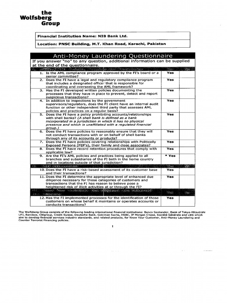 Wolfsberg Anti Money Laundering Questionnaire – DDVLNE