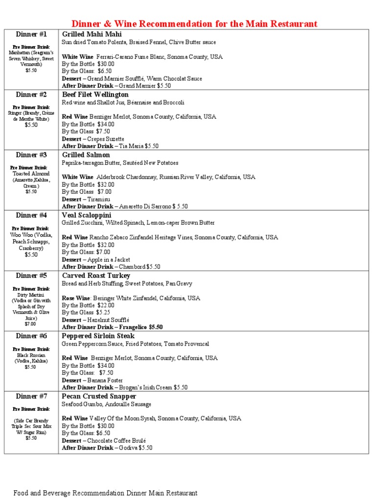 Dinner and Wine Pairings Menu Guide | PDF