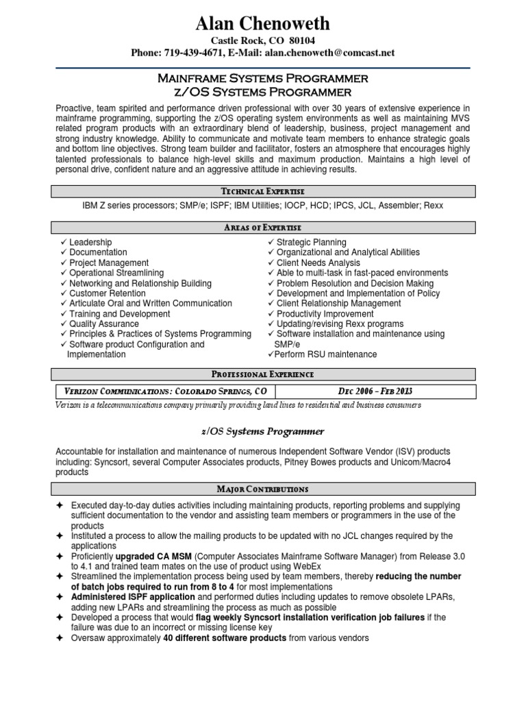 z/OS Mainframe Systems Programmer in Denver CO Resume Alan Chenoweth Programmer Operating