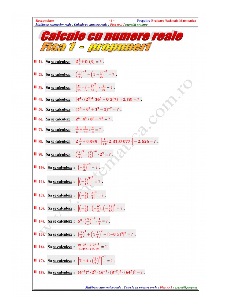 Operatii Cu Numere Reale - Puteri - Fisa 1 Exercitii Propuse - Multimea ...