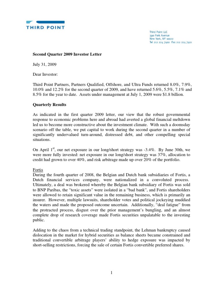 Third Point Q2 09 Investor Letter Mortgage Backed Security Mortgage 