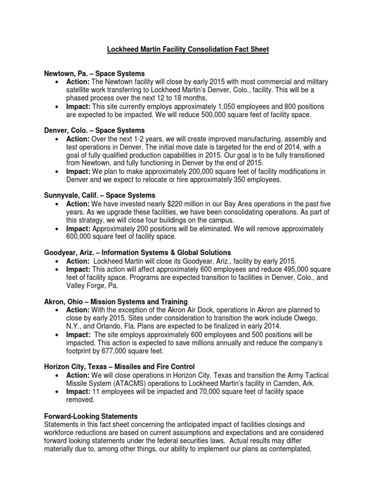 Facility Consolidation Fact Sheet PDF | PDF | Lockheed Martin | Form 10 K