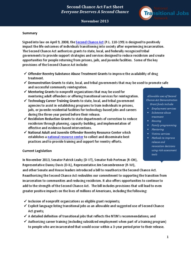 Second Chance Act Fact Sheet PDF Recidivism Prison