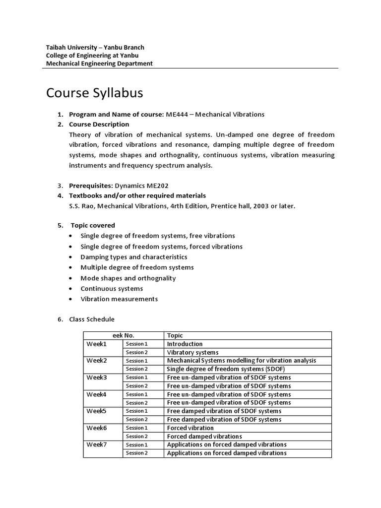 ME444 Mechanical Vibrations Syllabus | PDF | Engineering | Mechanical ...