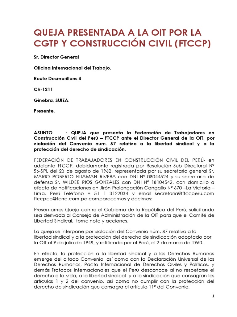 Queja Presentada A La Oit Por La CGTP y Construcción Civil | PDF |  Organización Internacional del Trabajo | Sindicato
