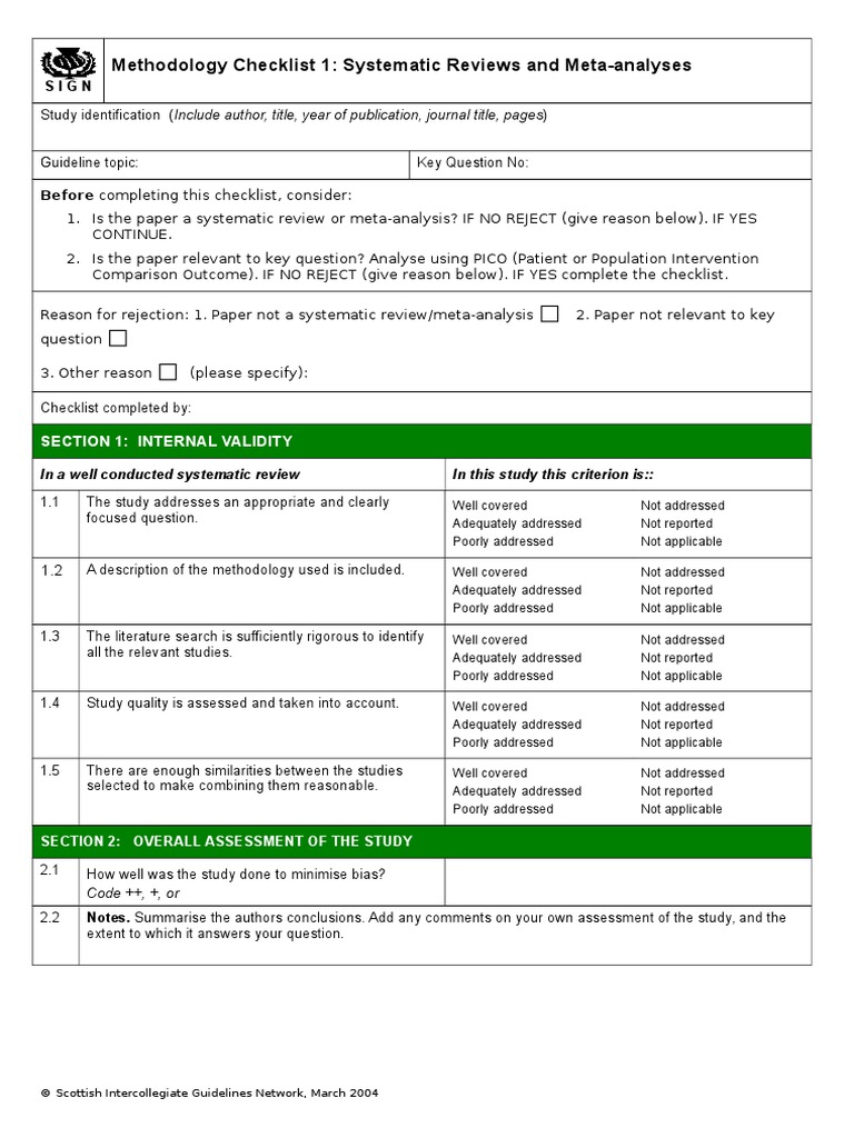 Methodology Checklist 1: Systematic Reviews and Meta-Analyses | PDF