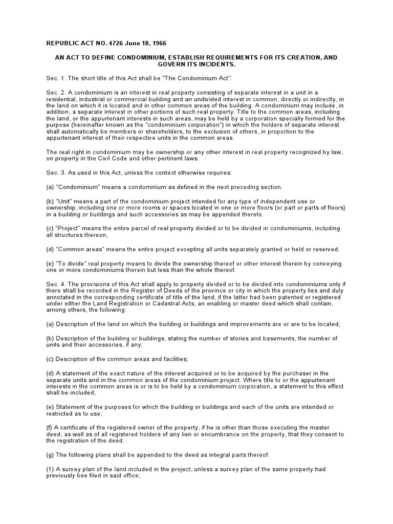 RA 4726 Condo Act PDF Condominium Ownership